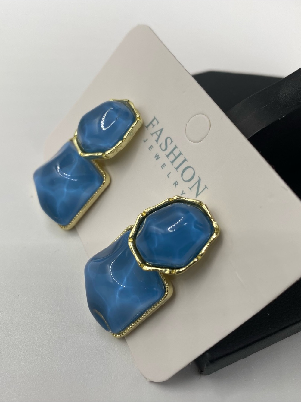 Fashion Jewelry Blue Gold-Tone Double Drop Statement Earrings - Picture 2 of 2